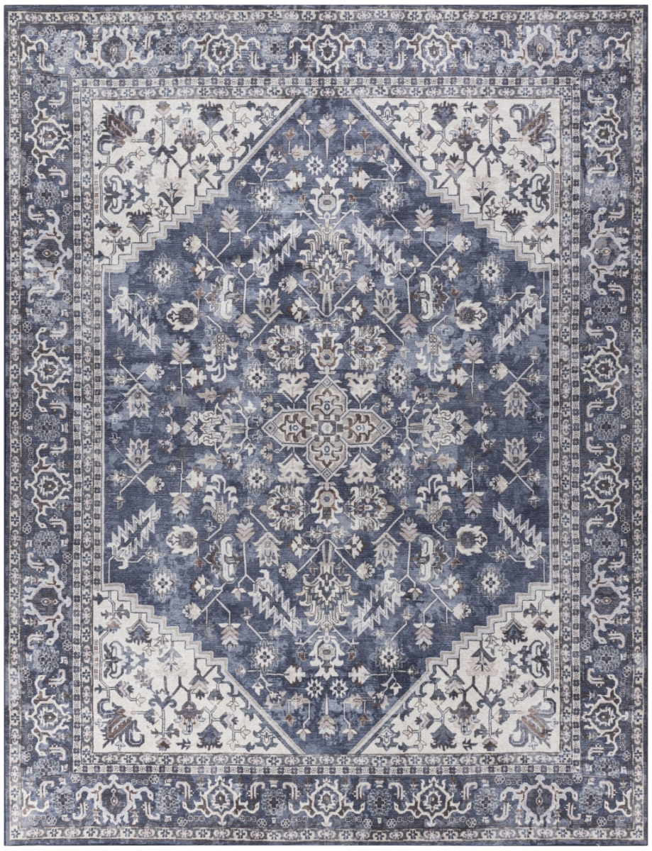 533133 9 x 12 ft. Blue & Ivory Floral Power Loom Distressed Washable Rectangle Area Rug
