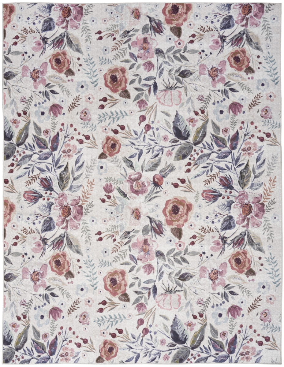 533203 5 x 7 ft. Ivory, Pink & Green Floral Power Loom Washable Non Skid Rectangle Area Rug