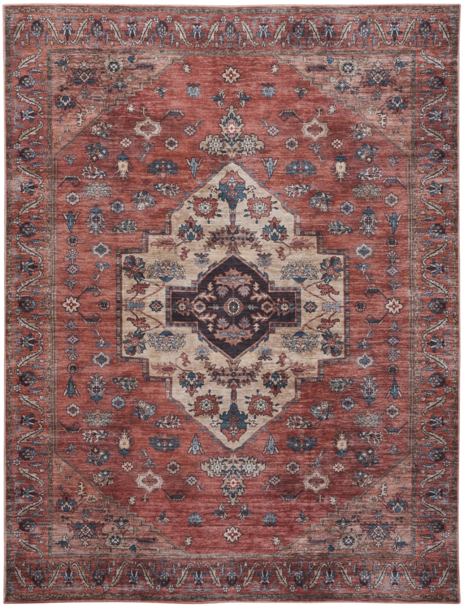 5 x 7 ft. Blue & Red Oriental Power Loom Distressed Washable Non Skid Rectangle Area Rug