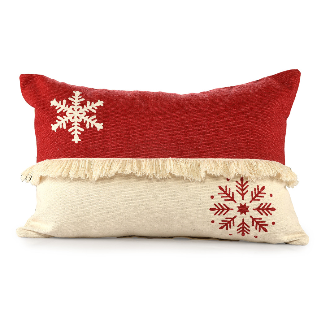 Picture of HomeRoots 534154 16 x 24 in. Red Christmas Snowflakes Cotton Abstract Zippered Pillow with Fringe