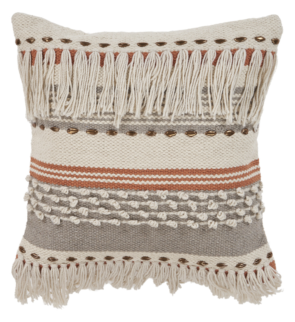 Picture of HomeRoots 516974 18 x 18 in. Beige & Red Striped Cotton Zippered Pillow with Fringe