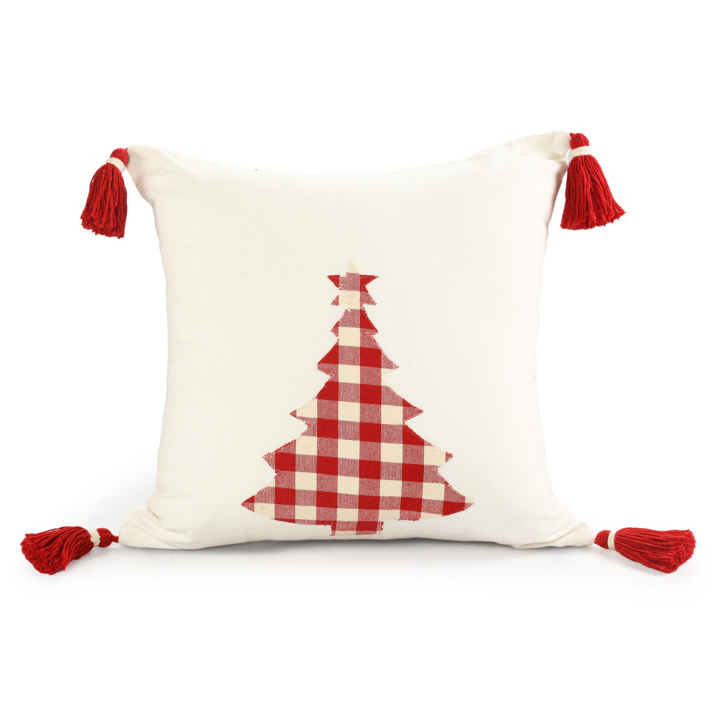 Picture of HomeRoots 534291 20 x 20 in. Red & White Christmas Tree Cotton Zippered Pillow with Tassels