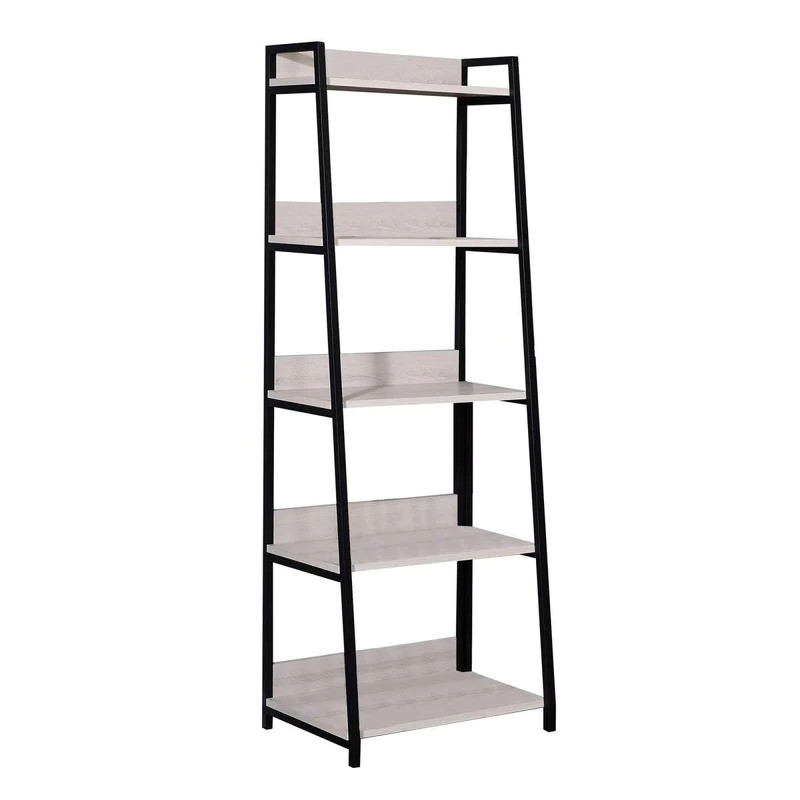 67 in. Natural & Black Metal Five Tier Ladder Bookcase