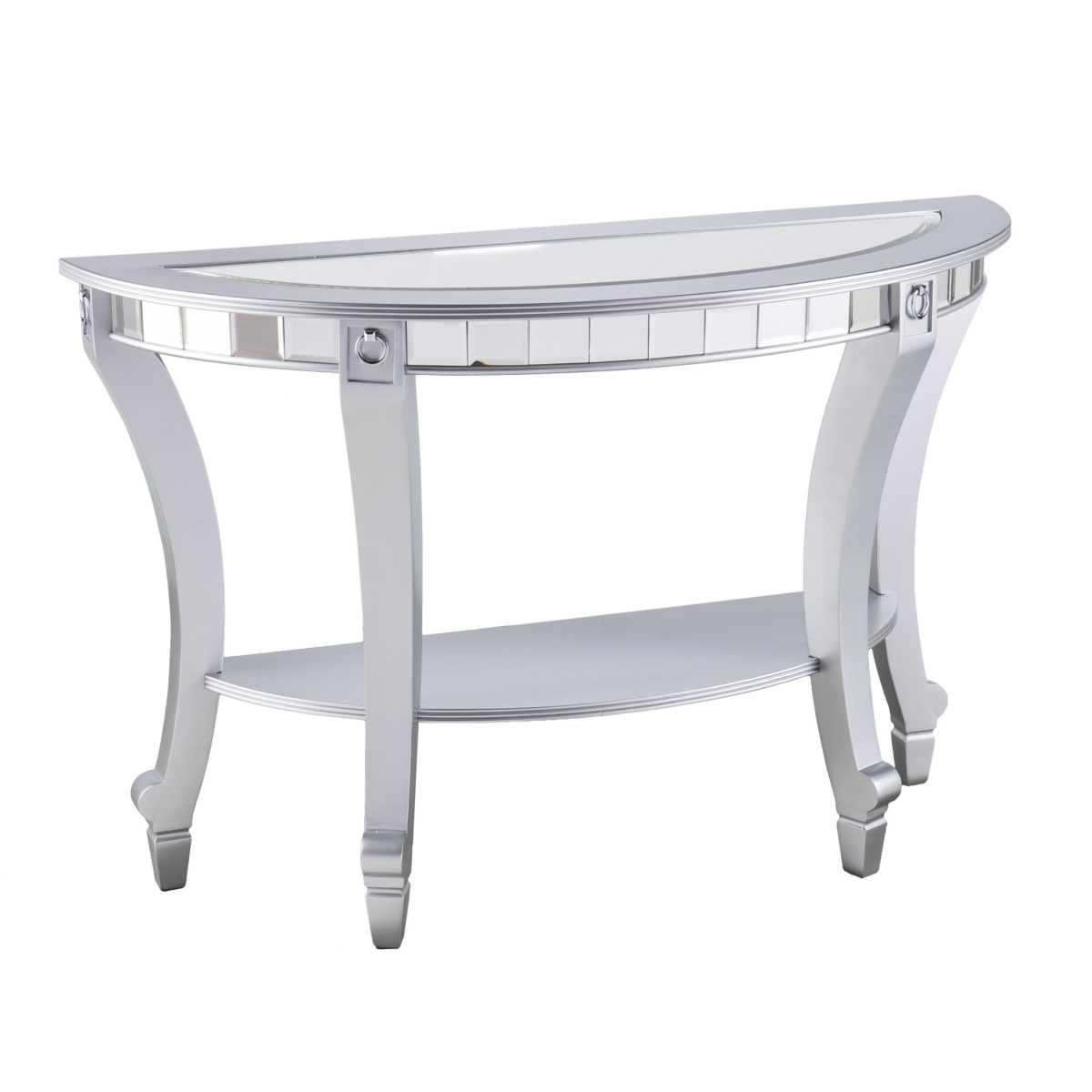 402423 46 in. Silver Mirrored Glass Half Circle Console Table with Storage