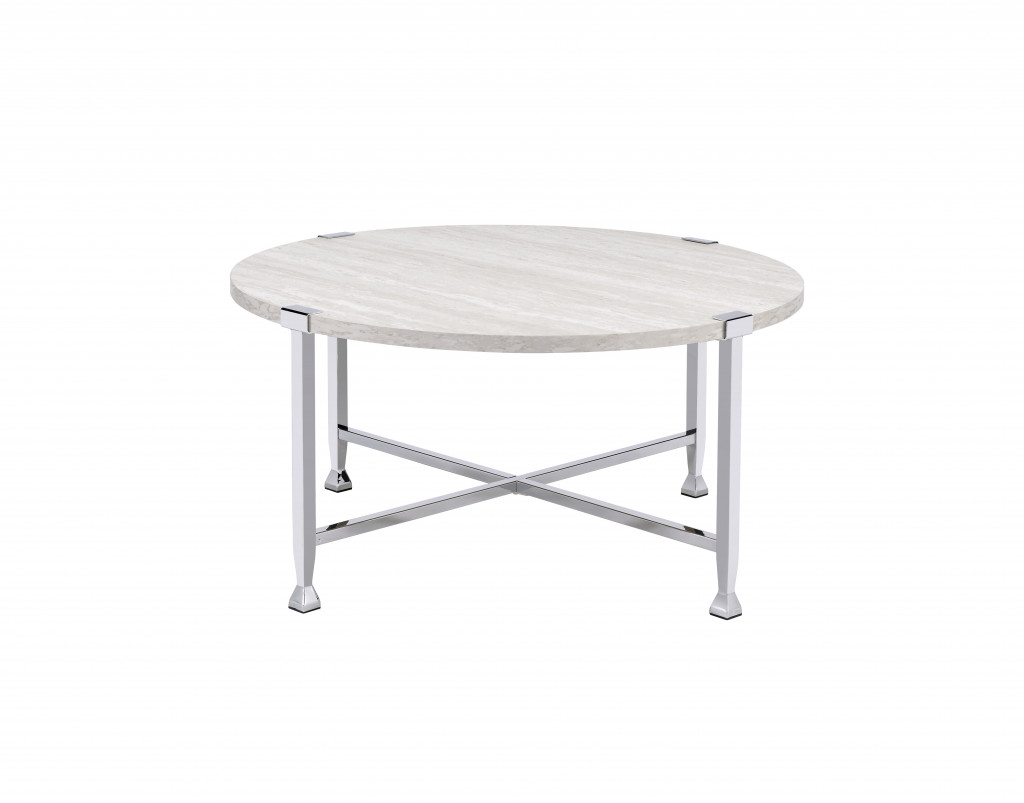 36 in. Chrome & White Oak Round Coffee Table