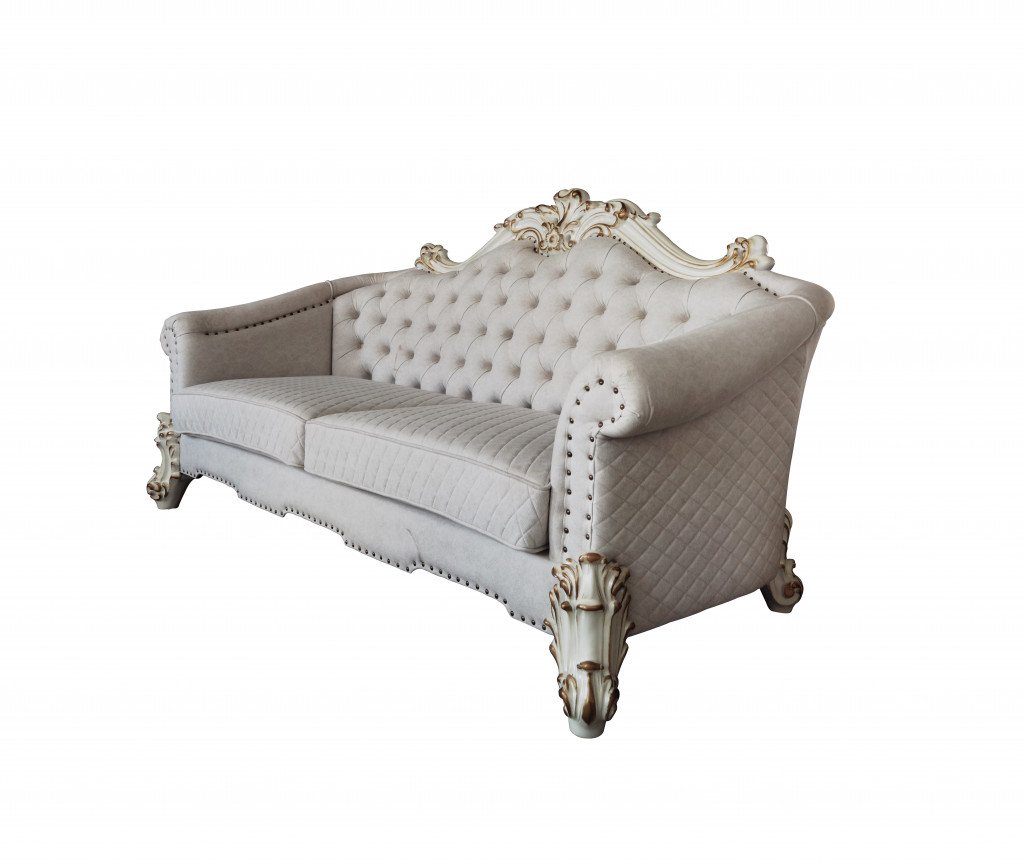 89 in. Ivory Velvet & Pearl Sofa with Six Toss Pillows