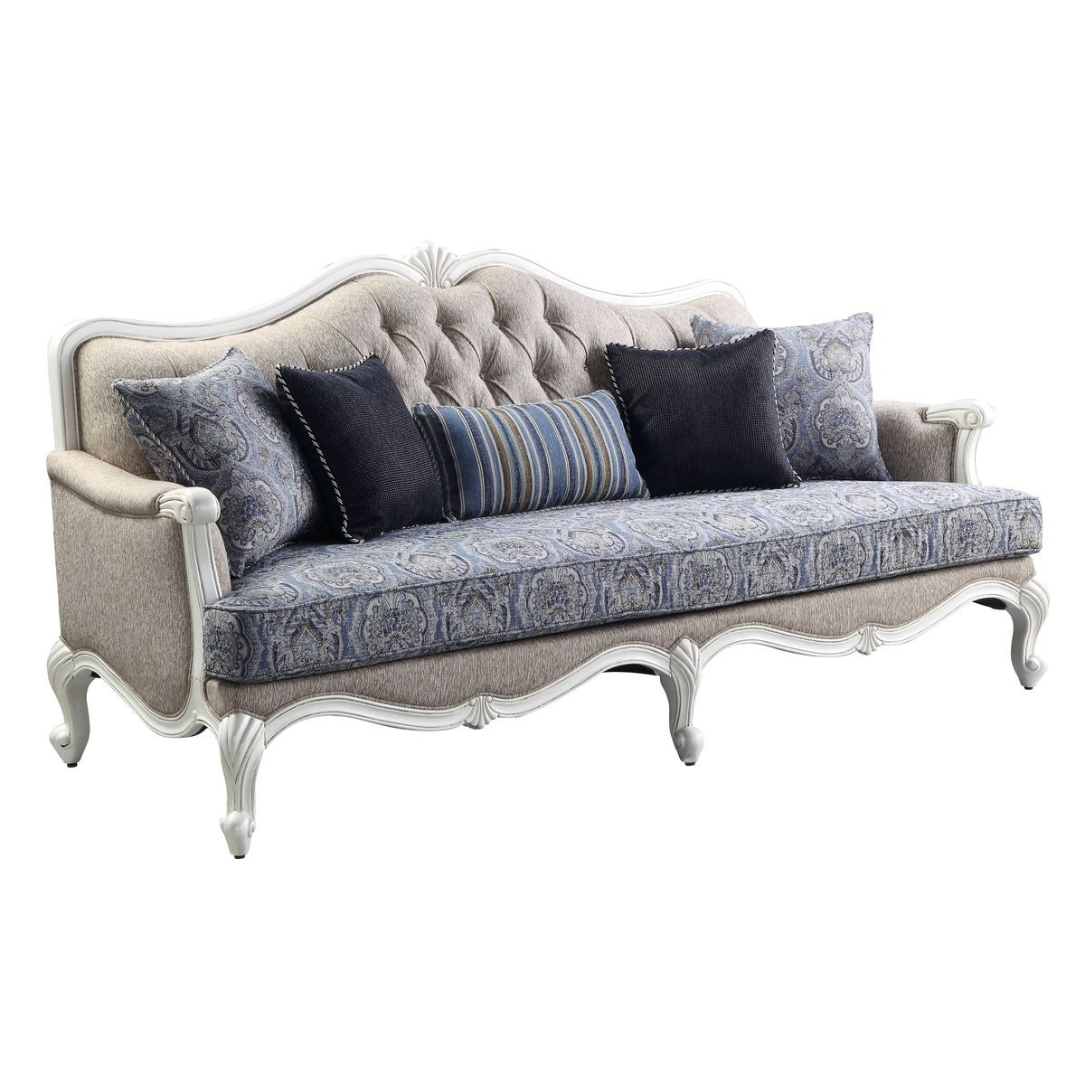 88 in. Fabric Linen & White Sofa with Five Toss Pillows