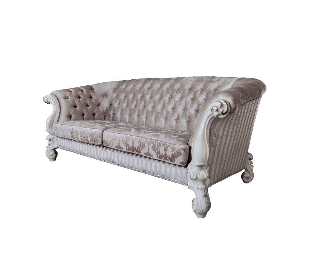 99 in. Ivory Velvet & Bone Sofa with Seven Toss Pillows