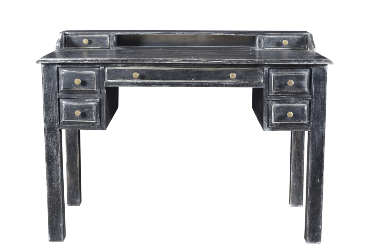 489185 46 in. Black & Mango Solid Wood Computer Desk with Seven Drawers