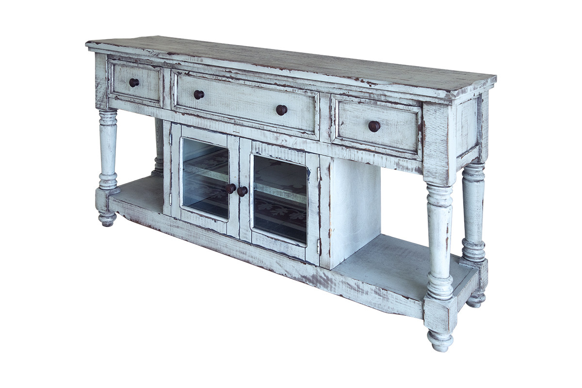 70 in. Blue Solid Wood Open Shelving Distressed TV Stand