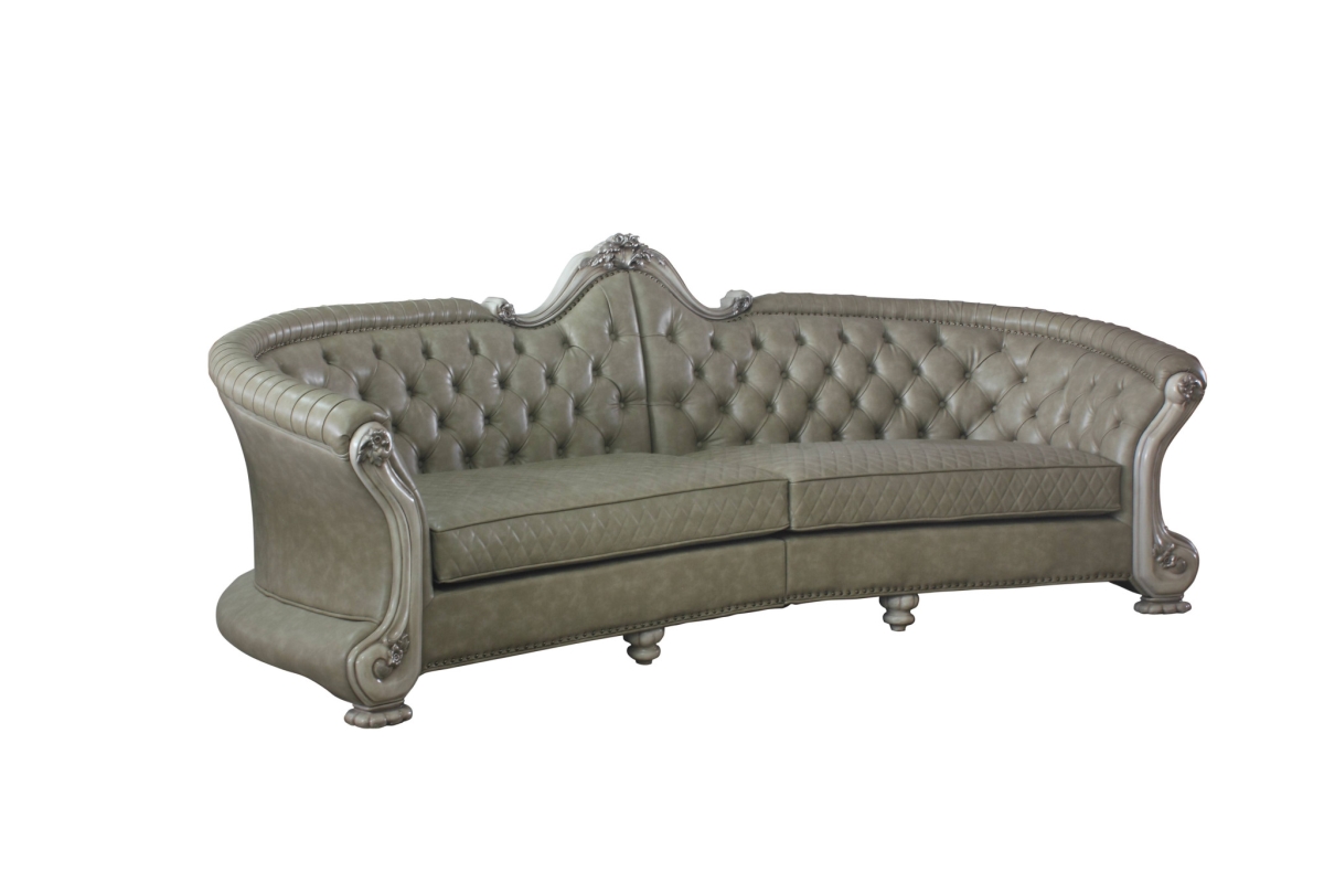 113 in. Vintage Bone Faux Leather & White Sofa with Seven Toss Pillows
