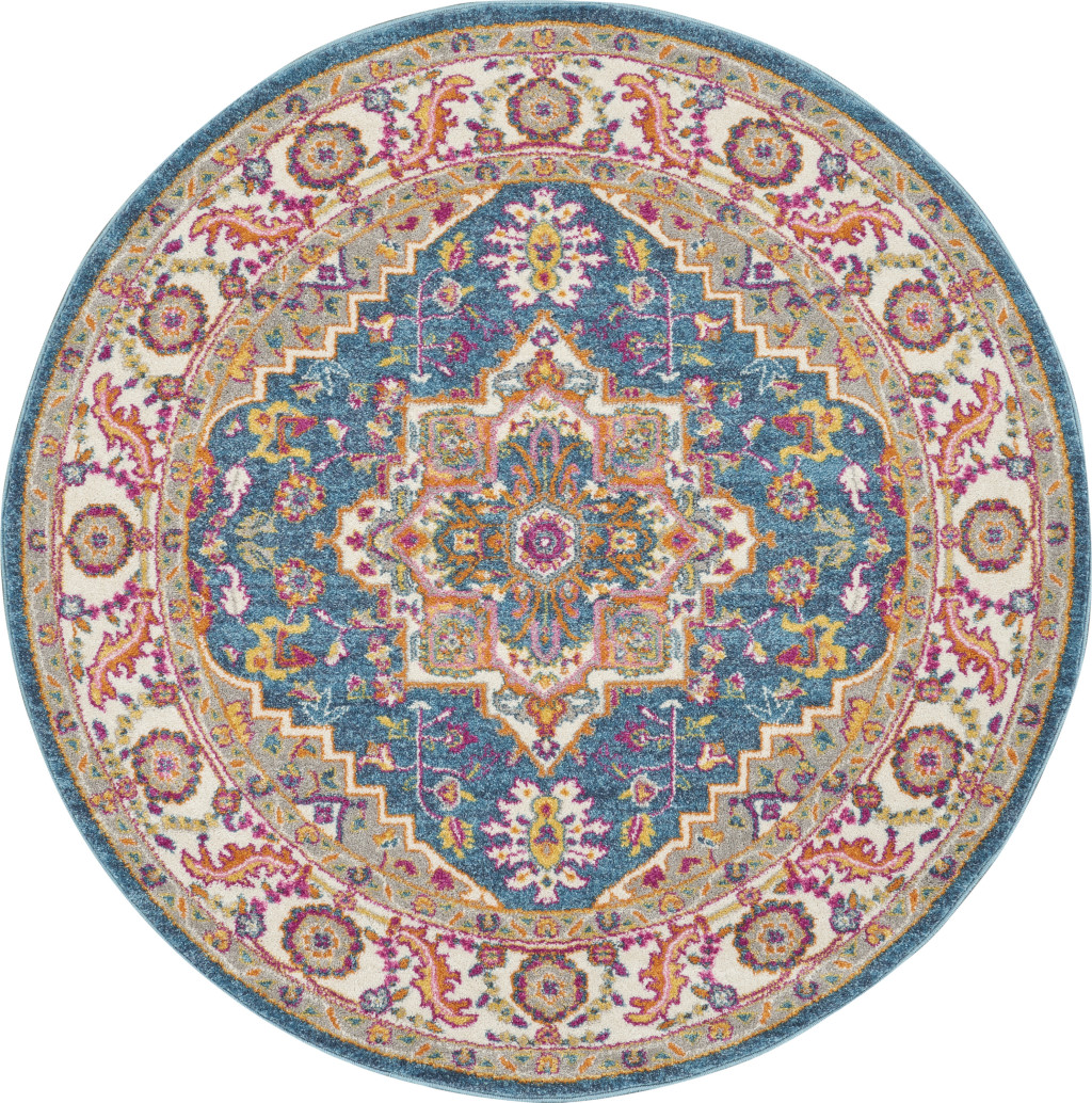4 ft. Grey Round Floral Power Loom Area Rug