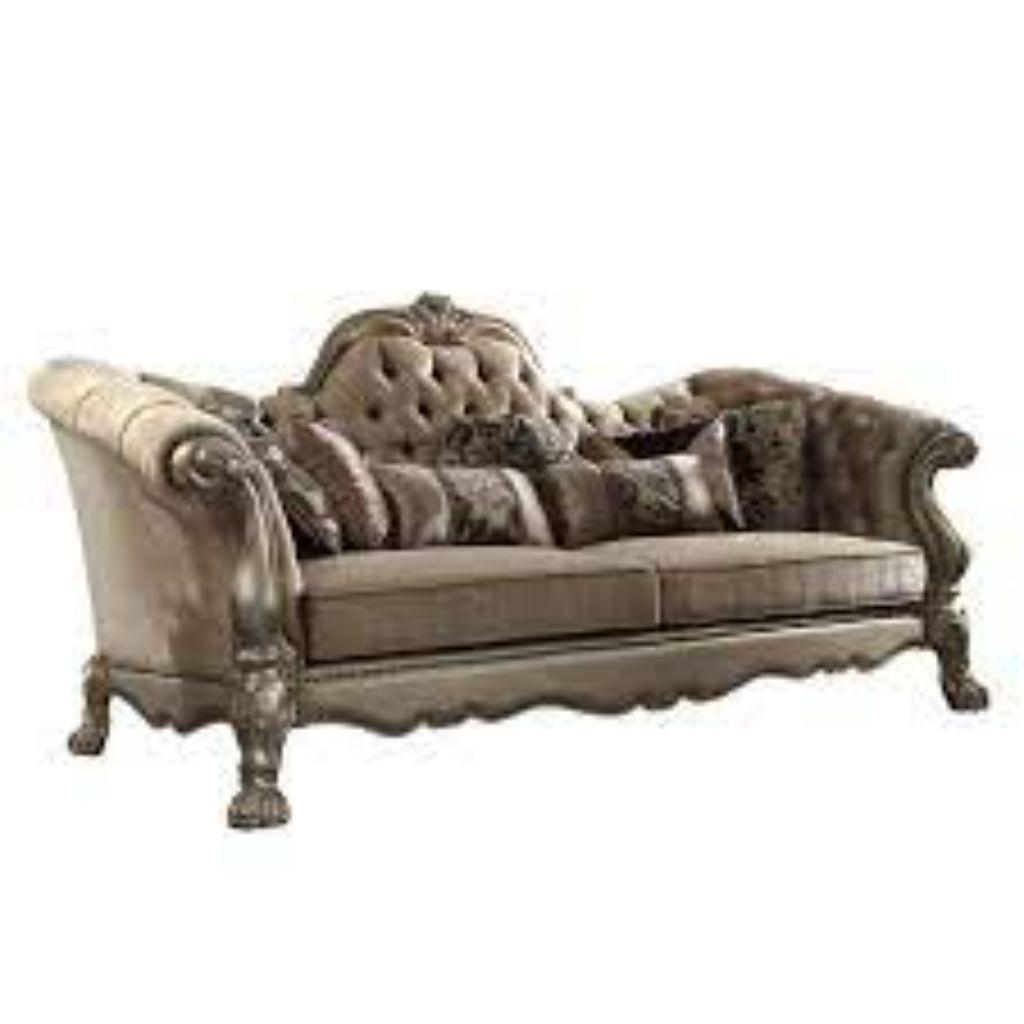 96 in. Bone Polyurethane Velvet & Gold Sofa with Seven Toss Pillows