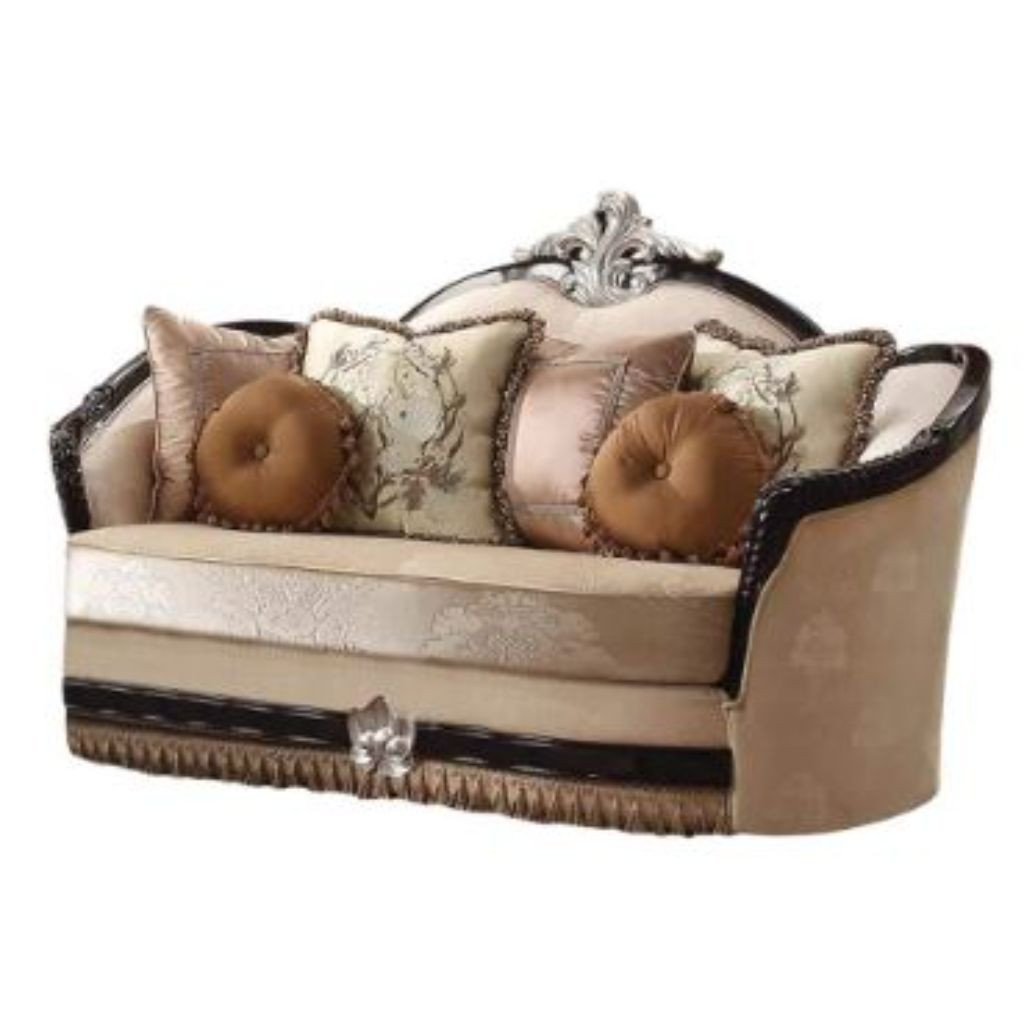75 in. Tan Velvet Curved Love Seat & Toss Pillows