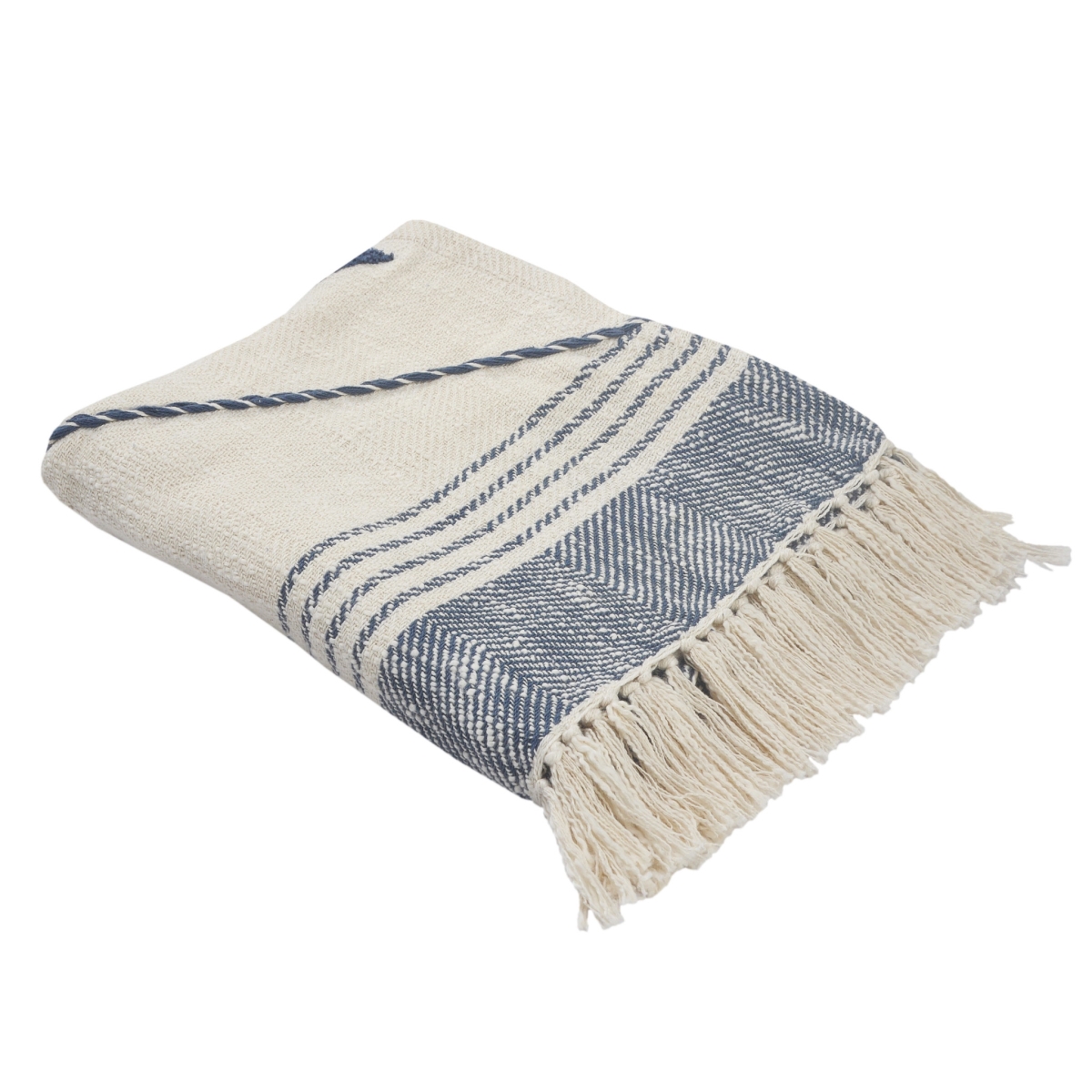 Blue & Off White Woven Cotton Striped Throw Blanket