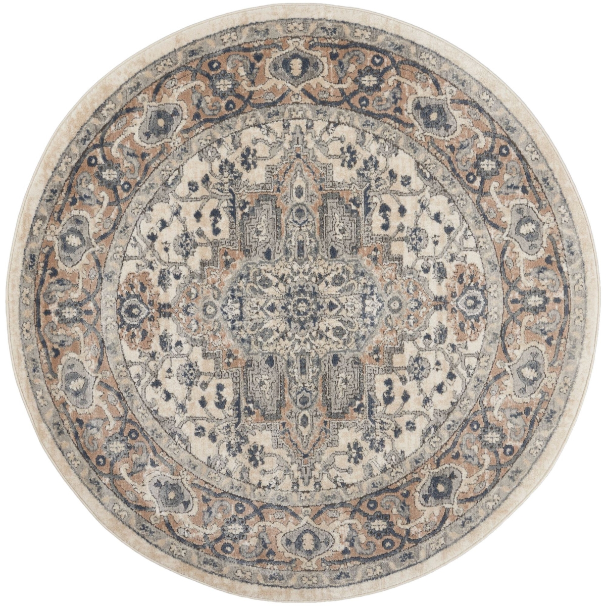 4 ft. Ivory & Grey Round Oriental Power Loom Non Skid Area Rug