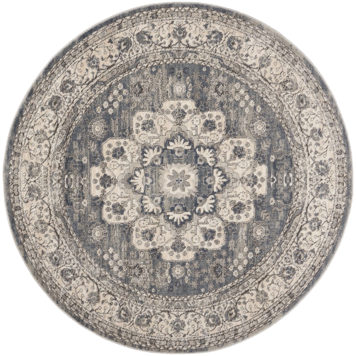 5 ft. Grey & Ivory Round Oriental Power Loom Non Skid Area Rug