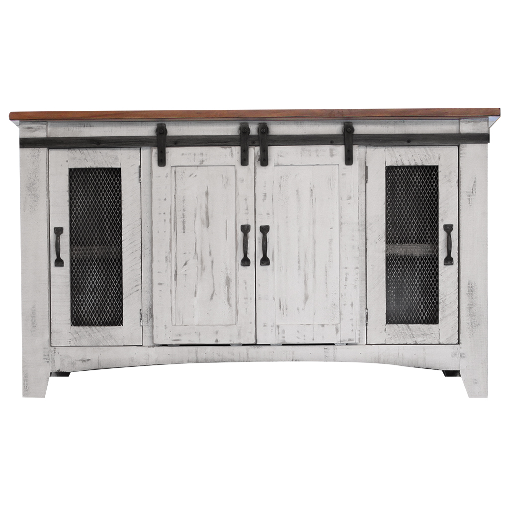 528705 60 in. White Solid Wood Cabinet Enclosed Storage Distressed TV Stand