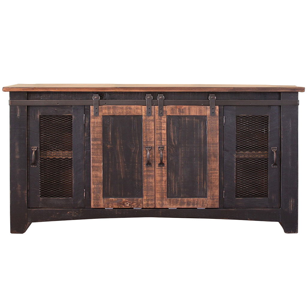 528709 60 in. Black Solid Wood Cabinet Enclosed Storage Distressed TV Stand