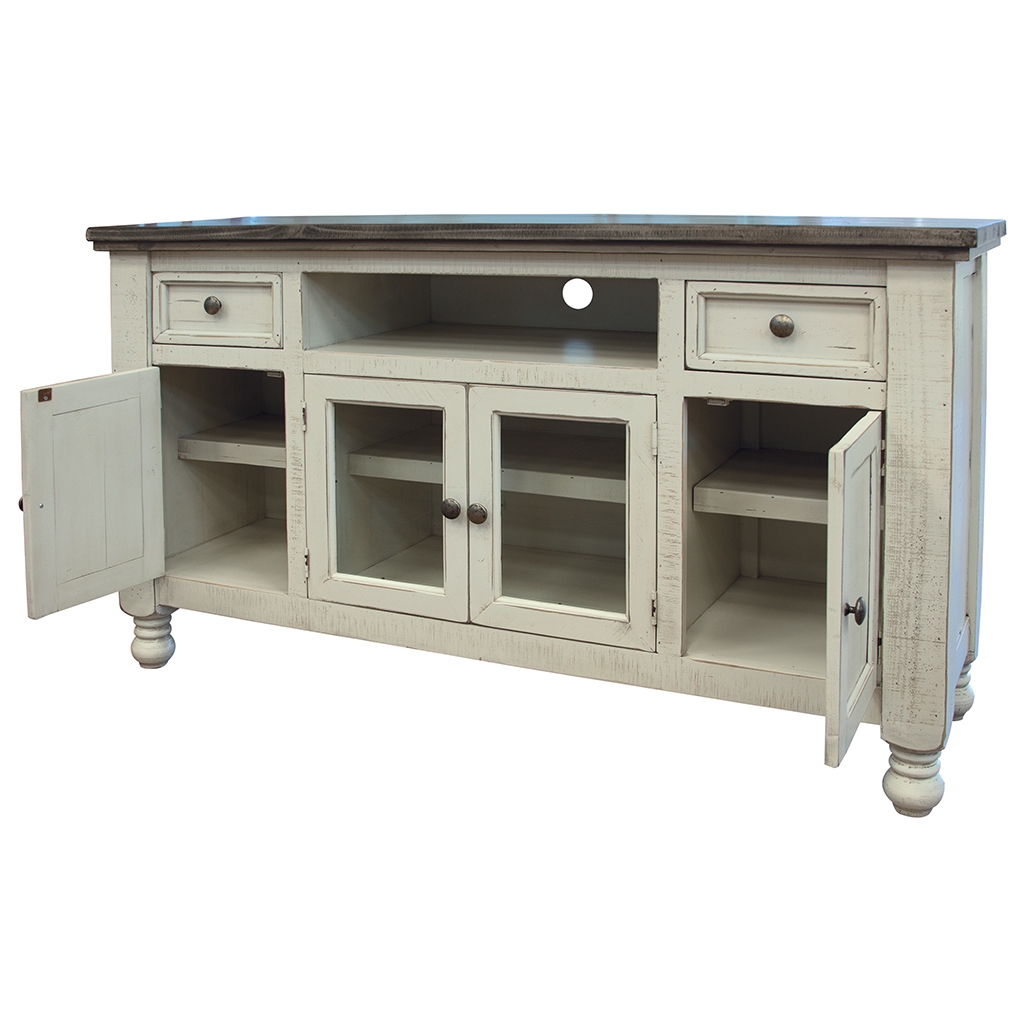 79 in. Ivory Solid Wood Open shelving Distressed TV Stand