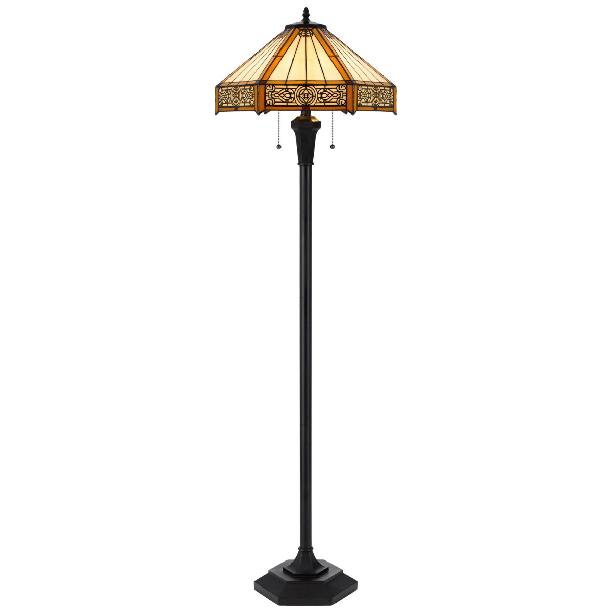 526322 60 in. Bronze Two Light Traditional Shaped Floor Lamp with Orange & Ivory Abstract Tiffany Glass Empire Shade