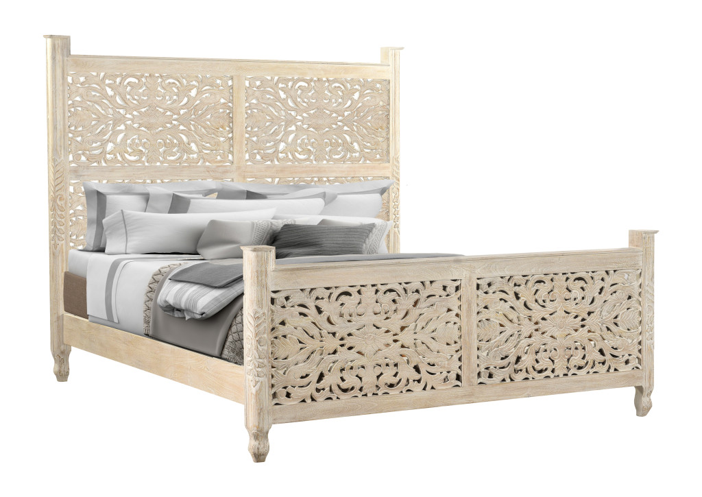 521081 Carved Solid Wood King Size White Bed
