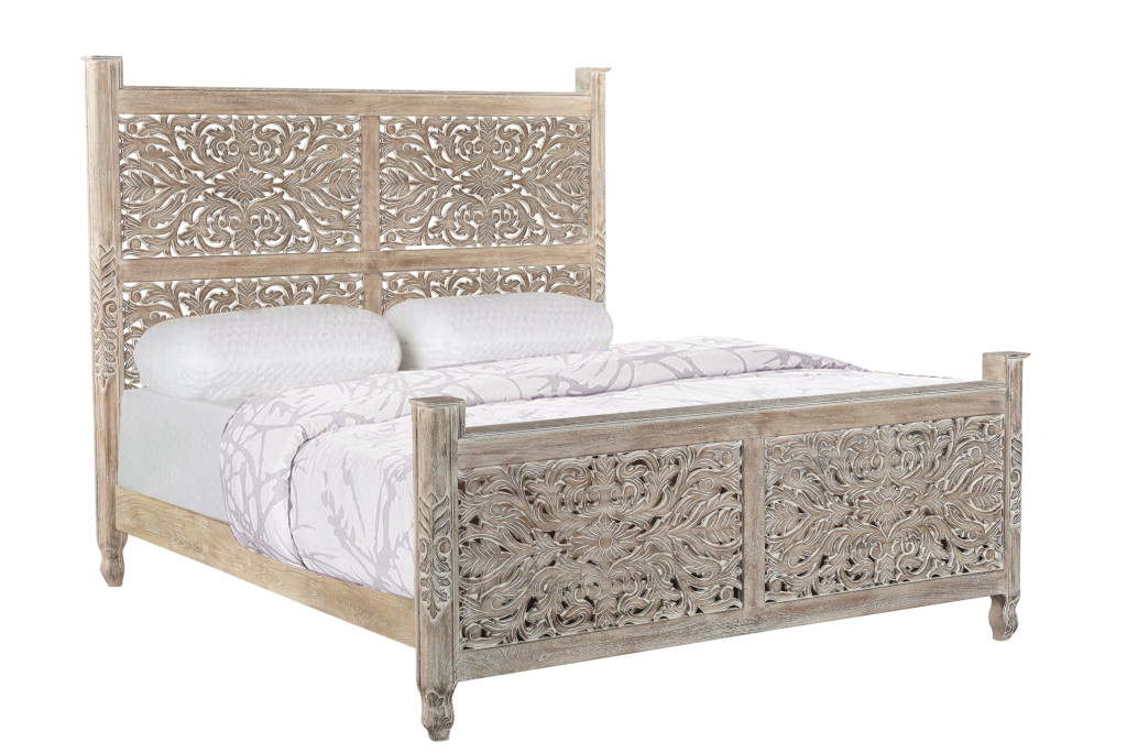 Carved Solid Wood King Size Gray Bed