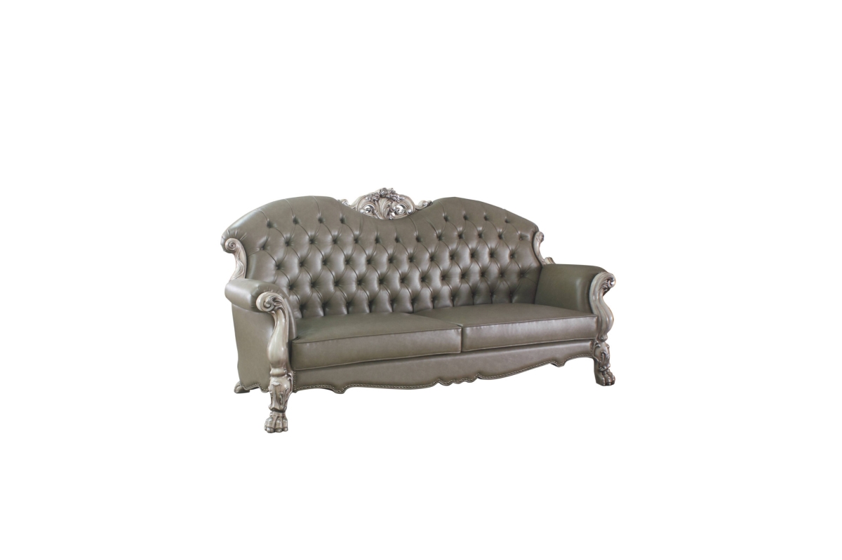 96 in. Vintage Bone Faux Leather & White Sofa with Five Toss Pillows