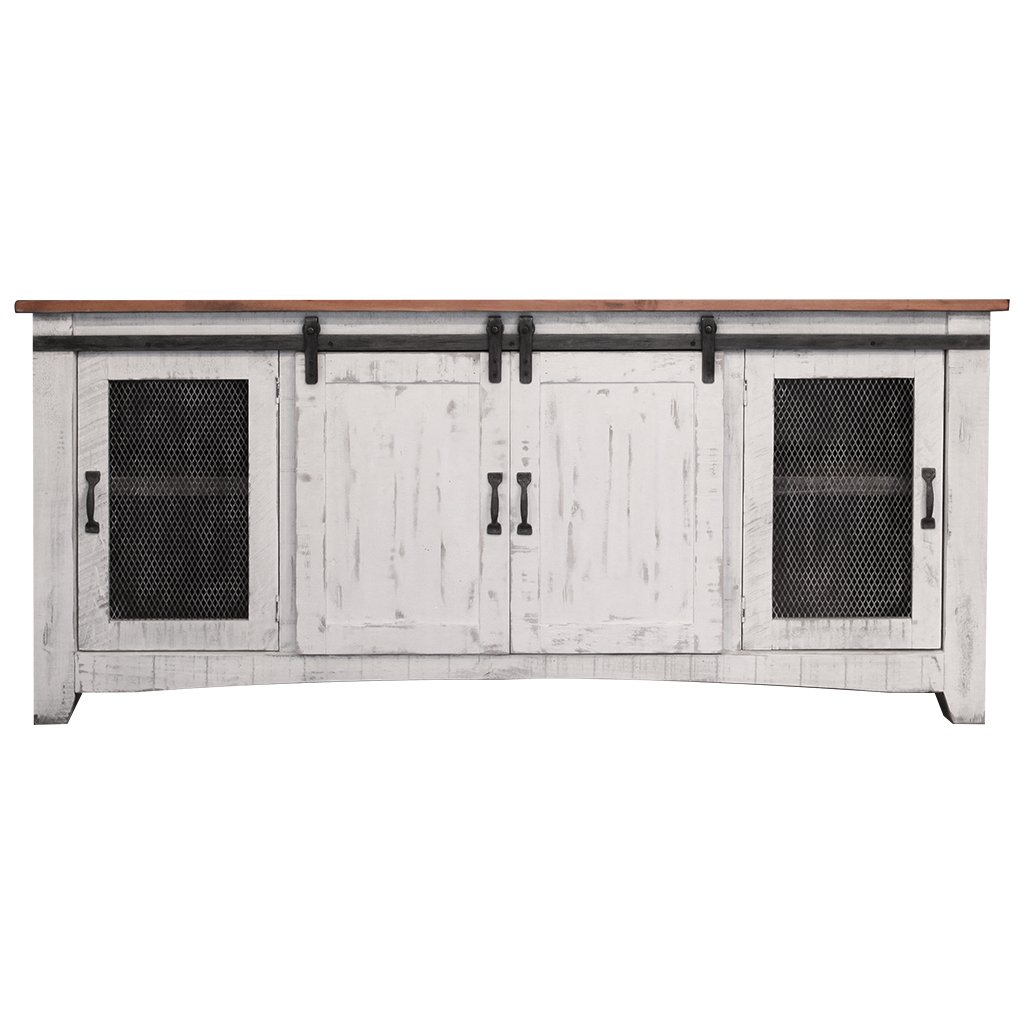 528707 79 in. White Solid Wood Cabinet Enclosed Storage Distressed TV Stand