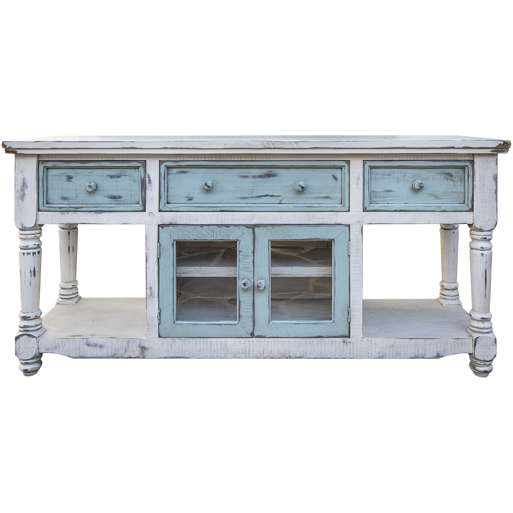70 in. Blue & White Solid Wood Open Shelving Distressed TV Stand