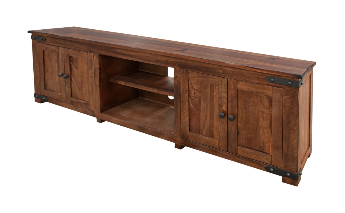 93 in. Brown Solid Wood Cabinet Enclosed Storage Distressed TV Stand