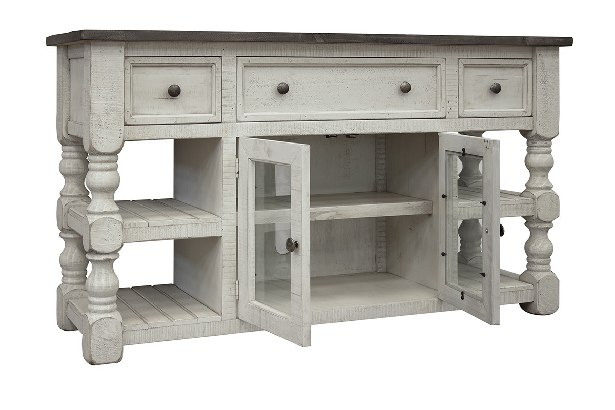60 in. Ivory Solid Wood Open shelving Distressed TV Stand