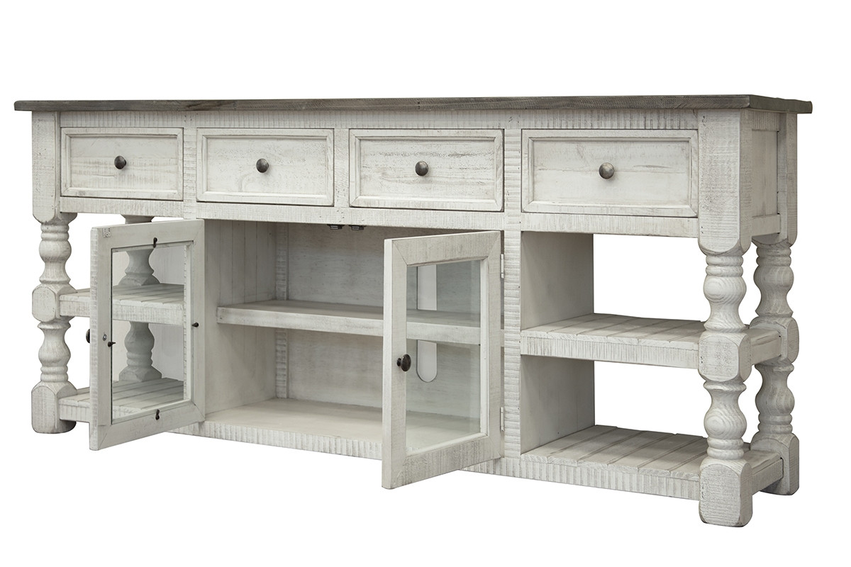 81 in. Ivory Solid Wood Open shelving Distressed TV Stand