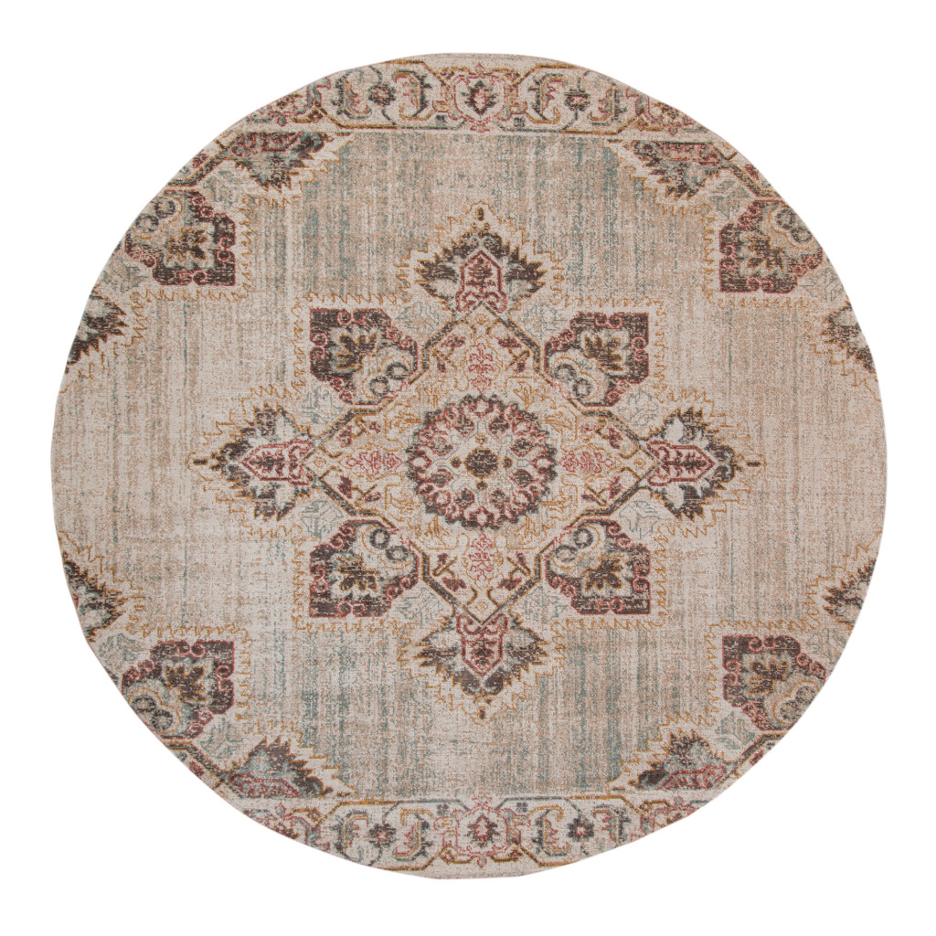 6 ft. Medallion Power Loom Round Rug with Fringe, Beige