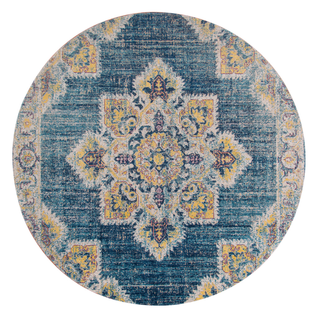 6 ft. Medallion Power Loom Round Rug with Fringe, Teal Blue