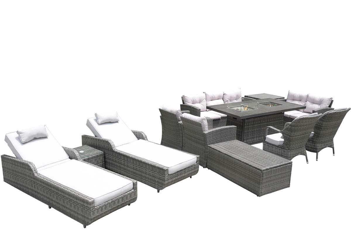 60 in. Outdoor Wicker Multiple Chairs Seating Group Fire Pit Included with Cushions, Gray - 12 Piece