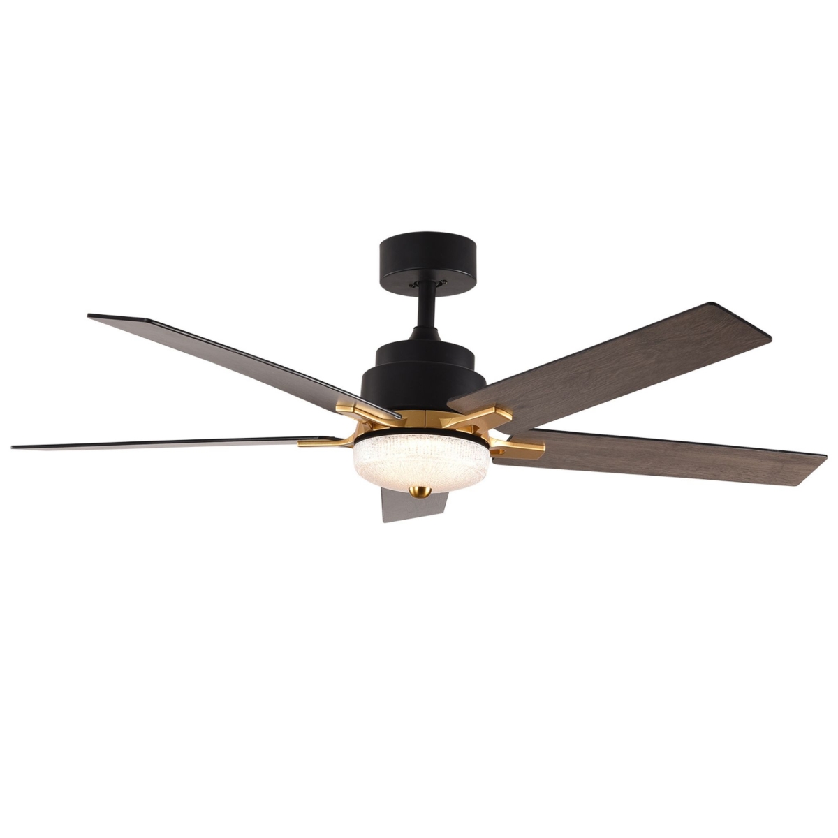 Picture of HomeRoots 534342 52 in. Black & Gold Propeller Five Dark Brown Blade Dimmable Remote Control Integrated Light Ceiling Fan