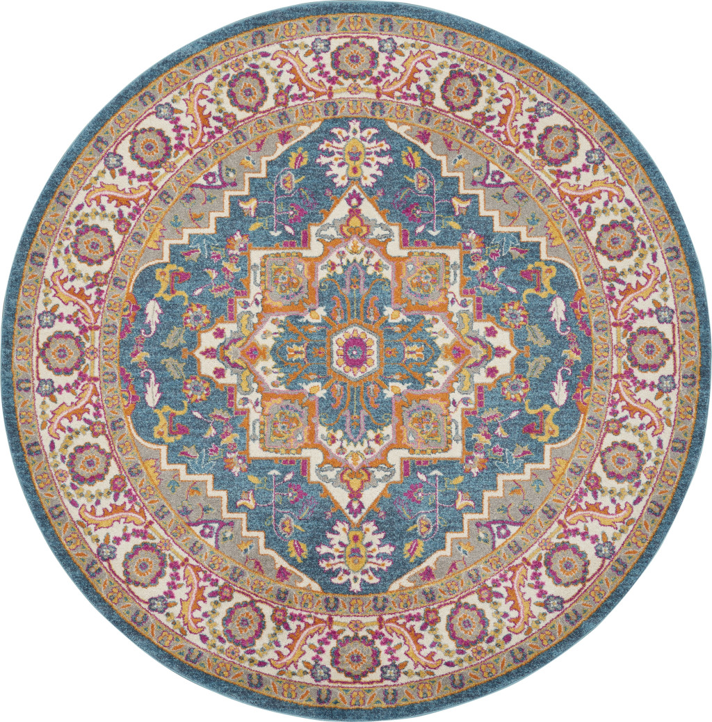 8 ft. Gray Round Floral Power Loom Area Rug
