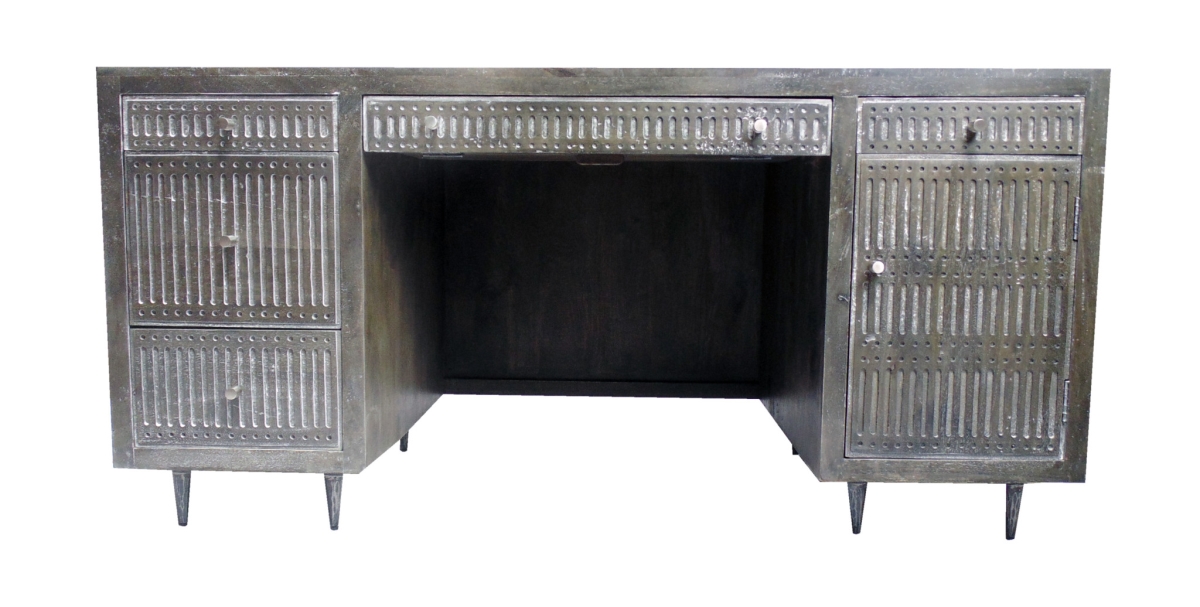 64 in. Brown & Silver Mango Solid Wood Executive Desk with 5 Drawers