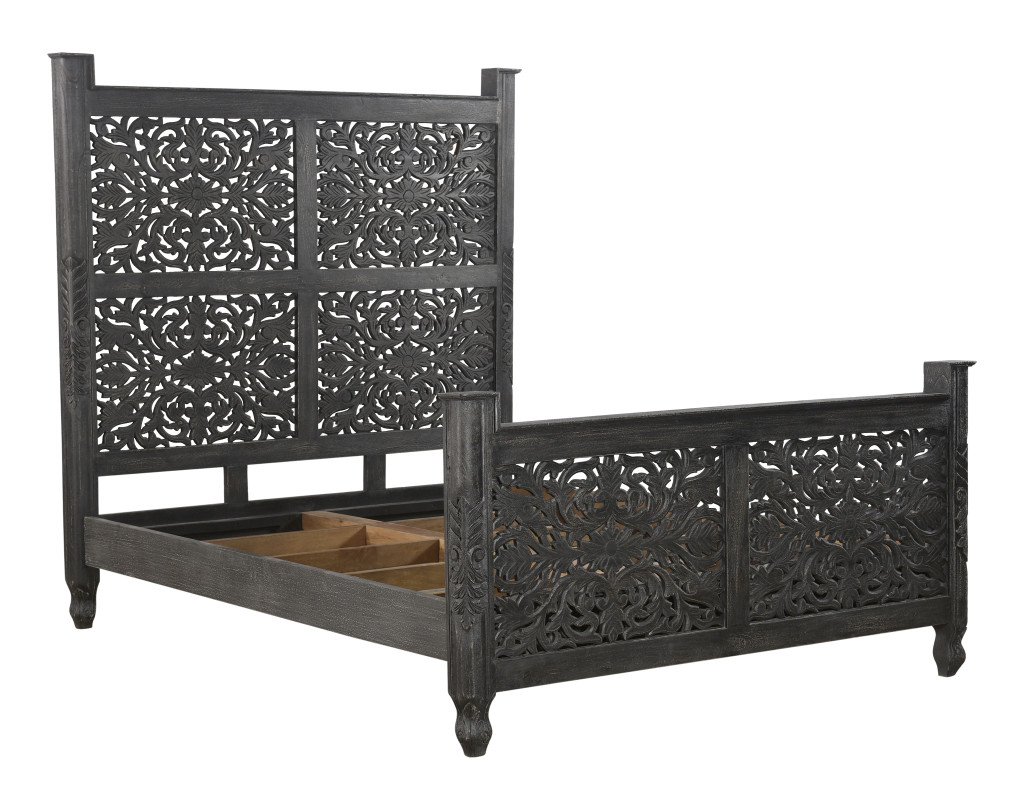 70 x 67 x 89 in. Carved Solid Wood Queen Size Distressed Black Bed