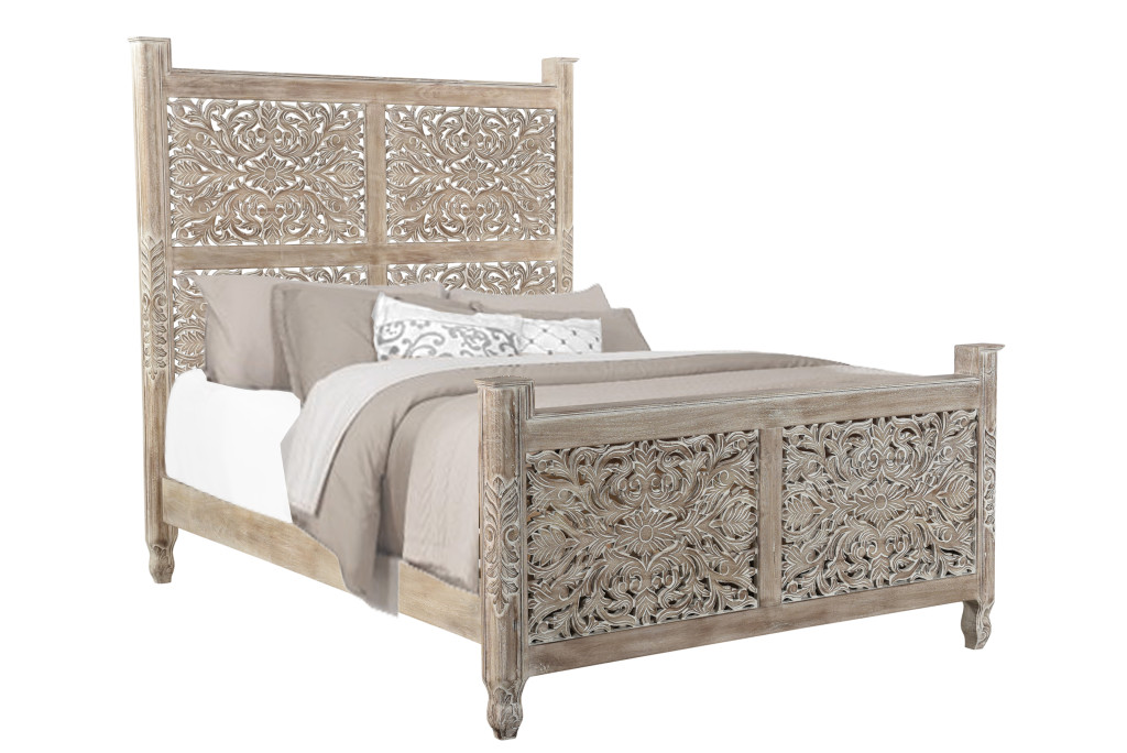 70 x 67 x 89 in. Carved Solid Wood Queen Size Distressed Gray Bed