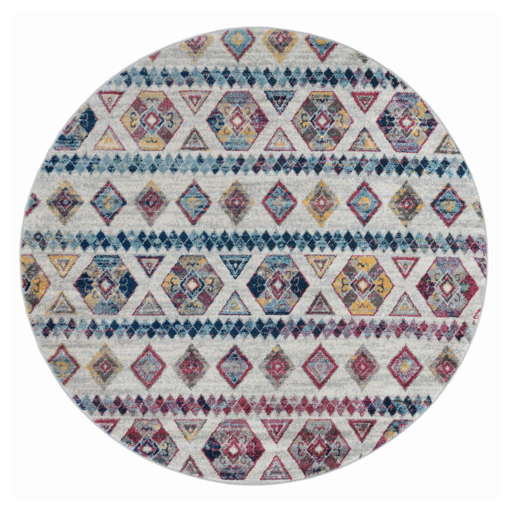 6 ft. Ivory Round Geometric Power Loom Area Rug