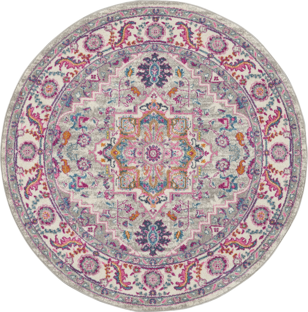 4 ft. Round Floral Power Loom Area Rug, Gray & Ivory