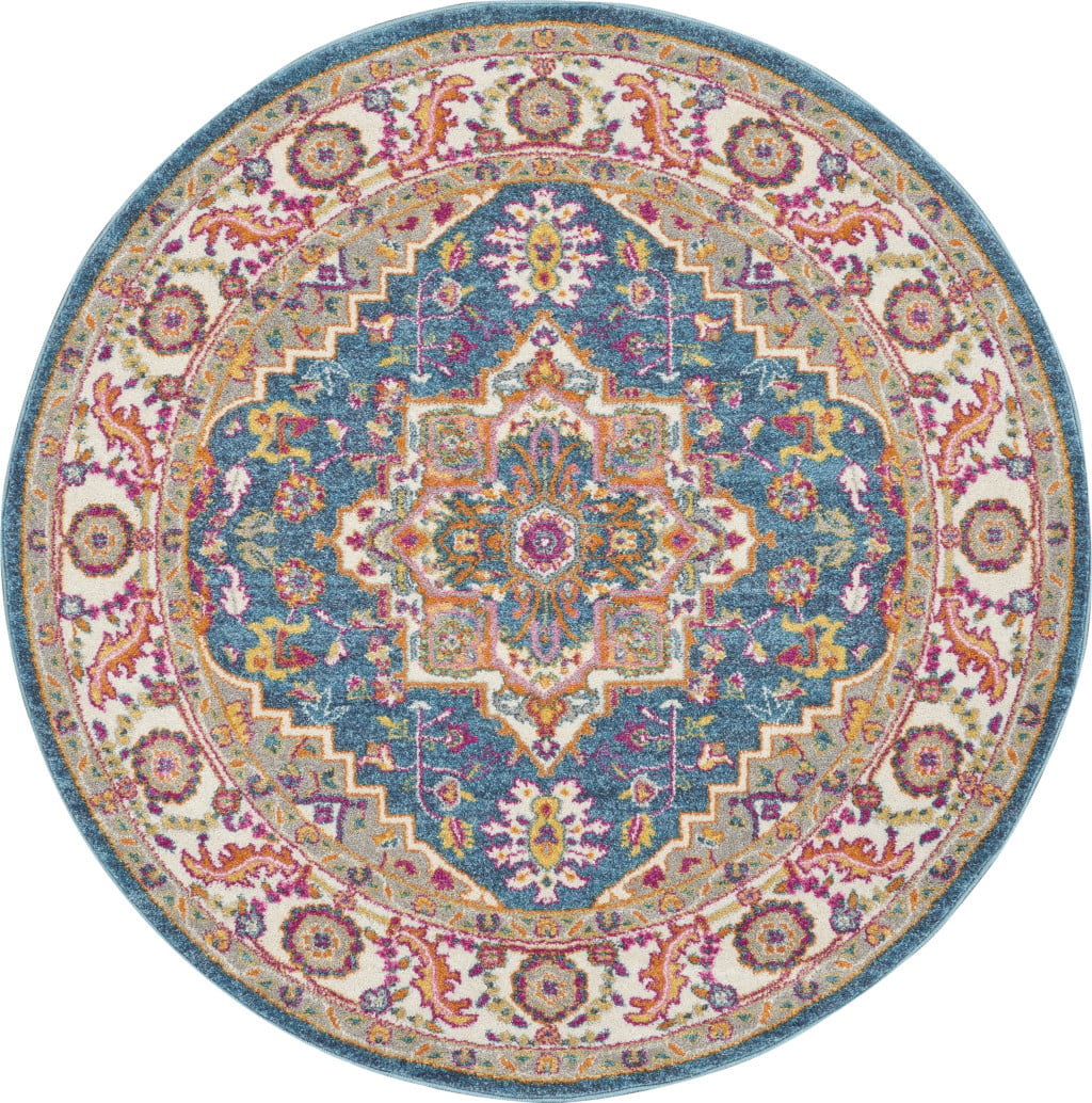 5 ft. Round Floral Power Loom Area Rug, Blue & Beige