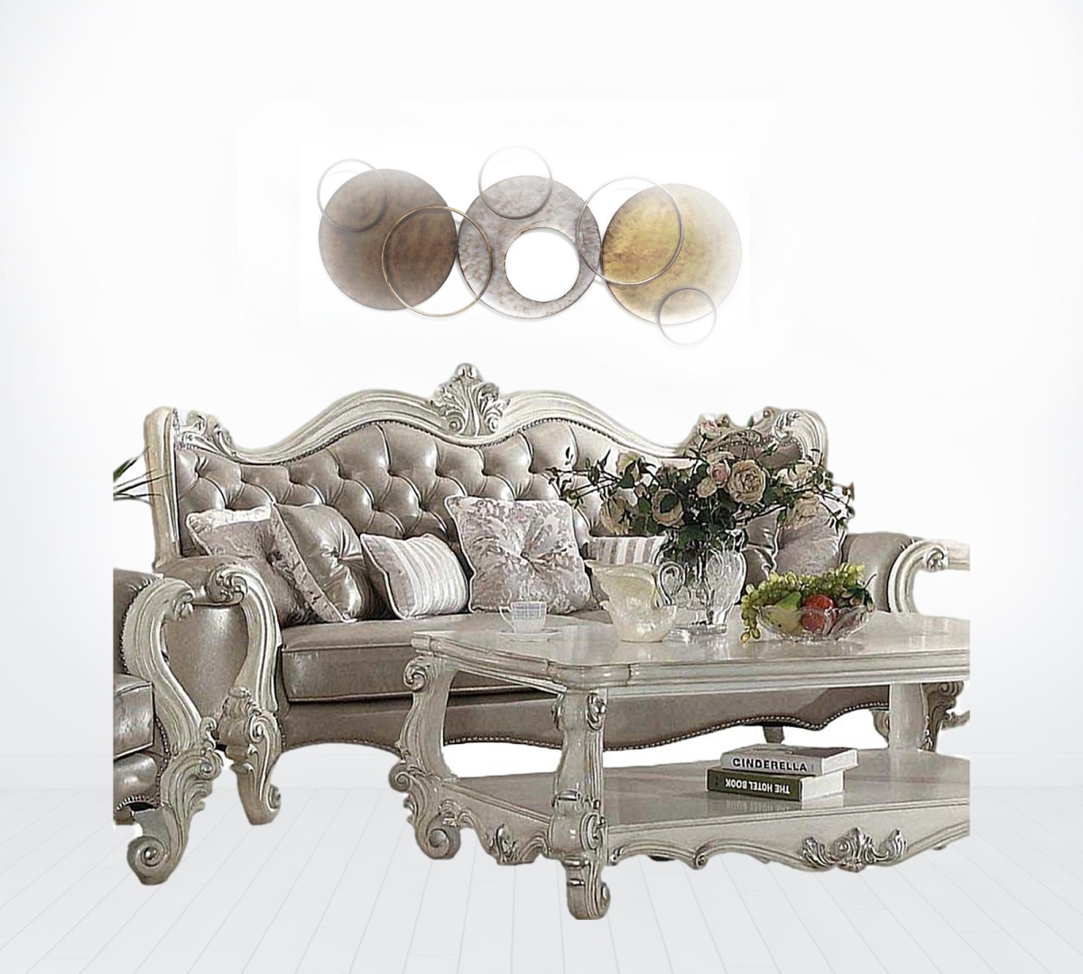 90 in. Vintage Faux Leather Black Finish Bone Sofa with Seven Toss Pillows, Gray & White