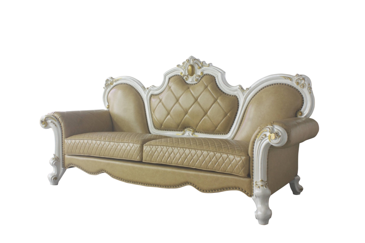 93 in. Faux Leather Sofa with Five Toss Pillows, Butterscotch & Pearl