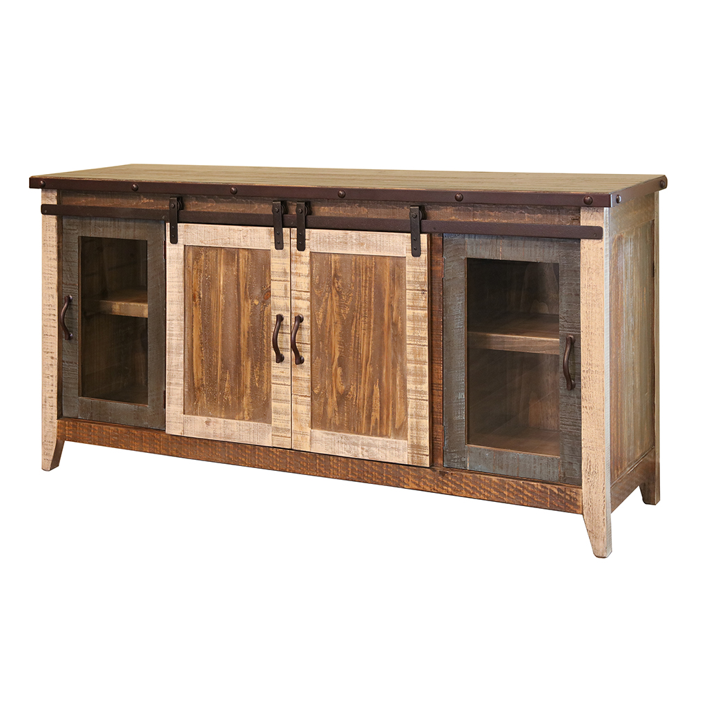 528732 70 in. Solid Wood Cabinet Enclosed Storage Distressed TV Stand, Brown