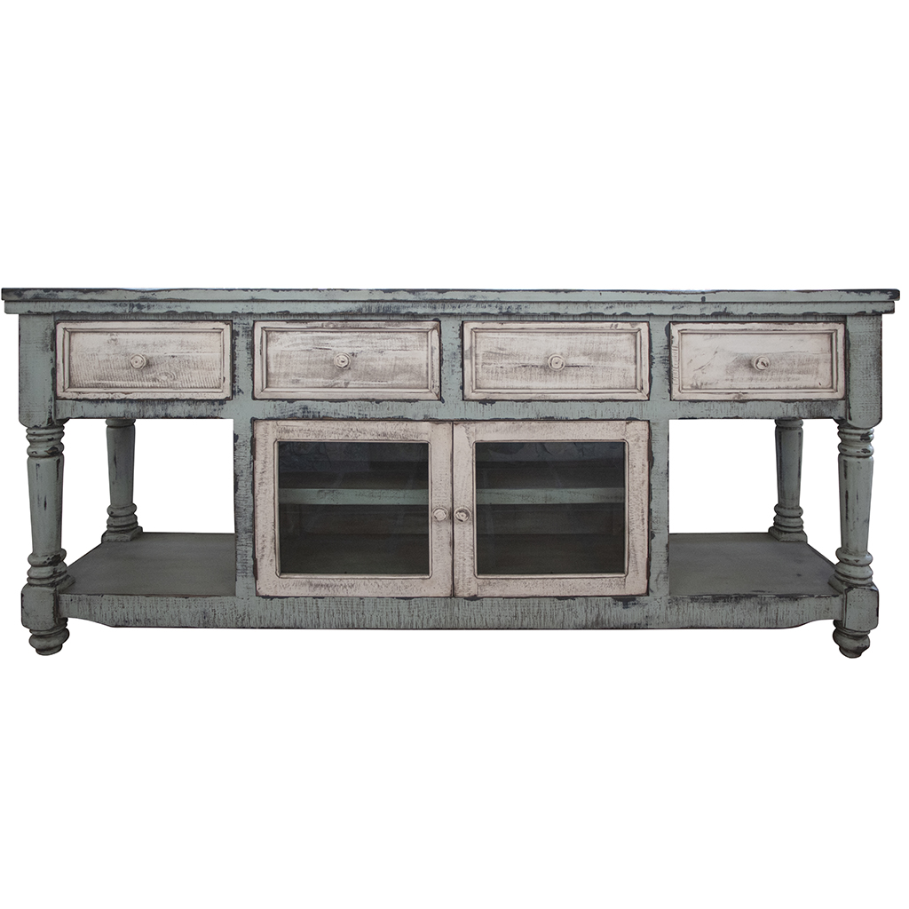 70 in. Solid Wood Open shelving Distressed TV Stand, Blue & White