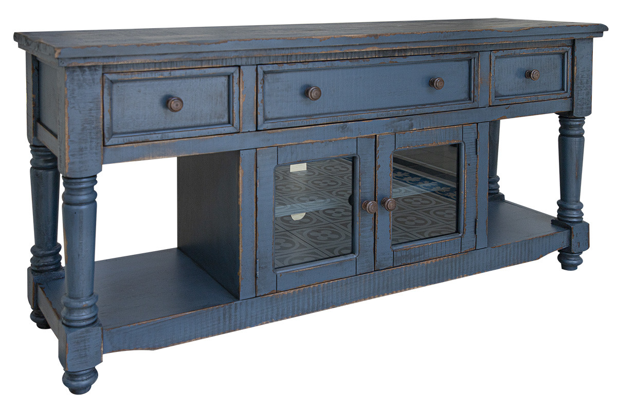 70 in. Solid Wood Open shelving Distressed TV Stand, Blue