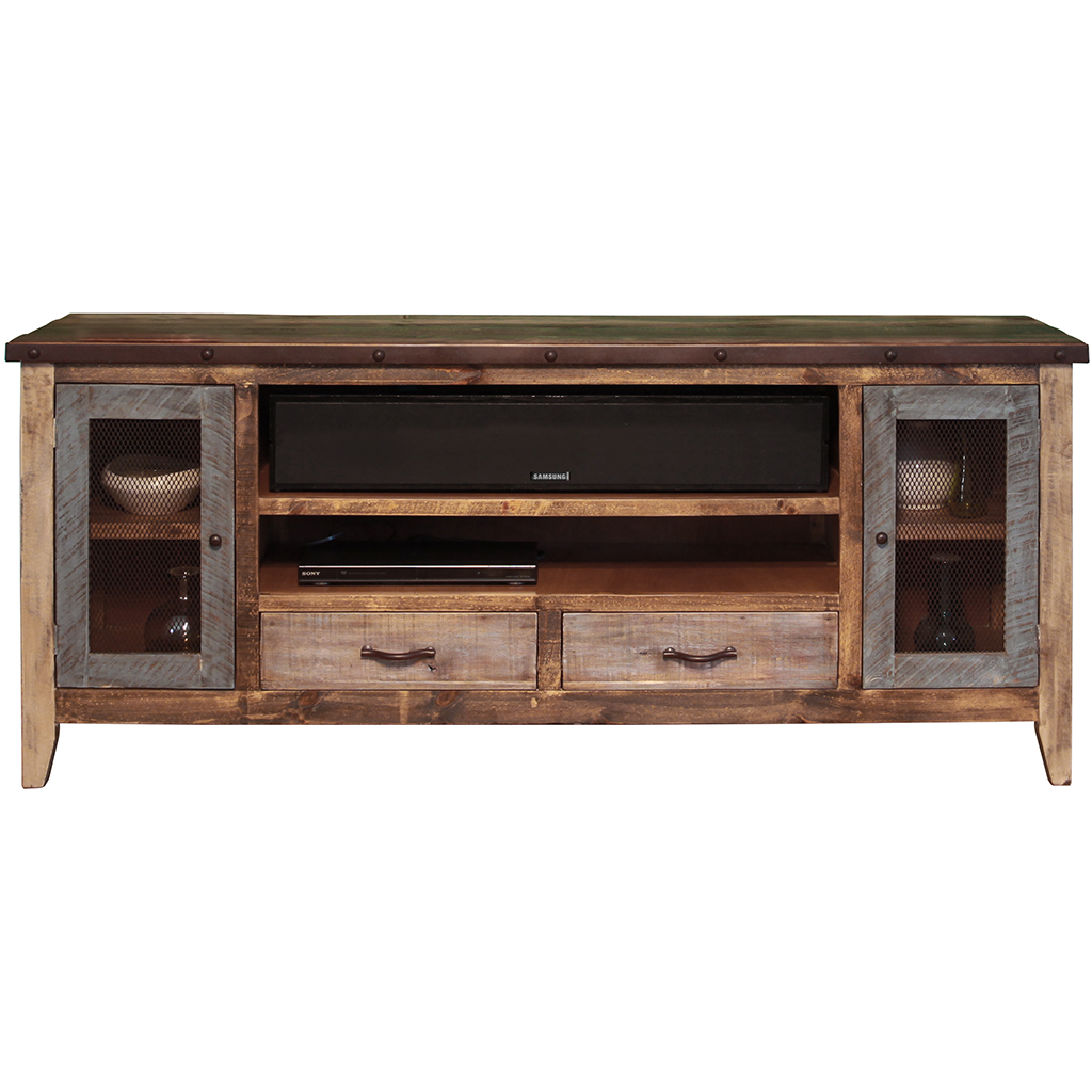 76 in. Solid Wood Cabinet Enclosed Storage Distressed TV Stand, Brown